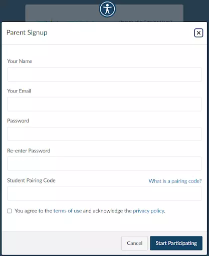 Fill up the sign-up form with the information you are asked such as your name, your email, password, and student pairing code, and click on ‘Start Learning’.