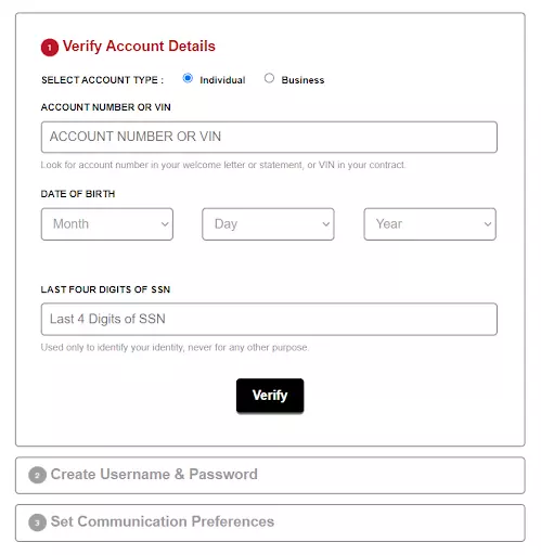 enter account number or VIN number and enter your date of birth and SSN number to verify identity