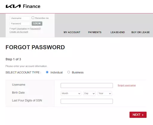 enter username of your account, birthdate and last 4 digit of SSN to forgot password
