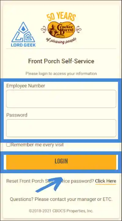 to log into cracker barrel employee portal enter employee number and password and click on login button